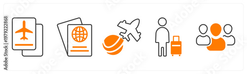 A set of 5 mix icons as passport, international, flight, traveller