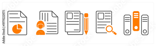 A set of 5 mix icons as report chart, managed document, article writing