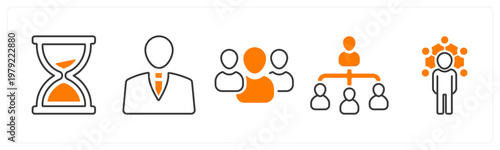 A set of 5 mix icons as sandglass, businessman, team