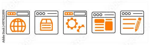 A set of 5 mix icons as web browser, webpage design, webpage settings