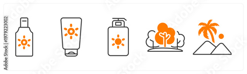 A set of 5 mix icons as body lotion, sunscreen, forest