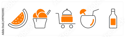 A set of 5 mix icons as watermelon, ice cream, serving trolley