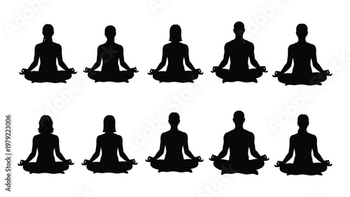 A collection of ten silhouetted figures are depicted in various meditative poses appearing to practice yoga or mindfulness high quality professional