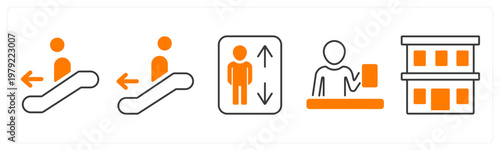 A set of 5 mix icons as escalator, lift, receptionist