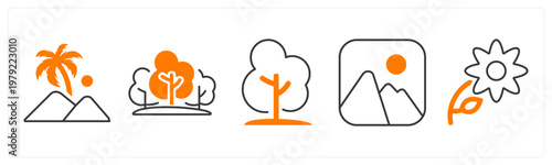 A set of 5 mix icons as mountain, forest, tree