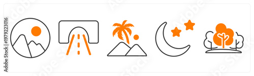 A set of 5 mix icons as nature, road, mountain
