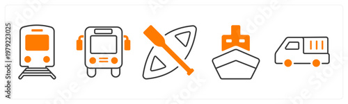 A set of 5 mix icons as train, travel bus, boat