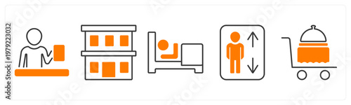A set of 5 mix icons as receptionist, hotel, rest