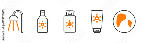 A set of 5 mix icons as shower, body lotion, sunscreen