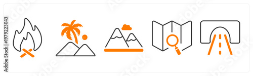 A set of 5 mix icons as bonfire, mountain, navigation