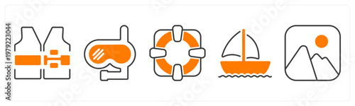 A set of 5 mix icons as life jacket, scuba, ship