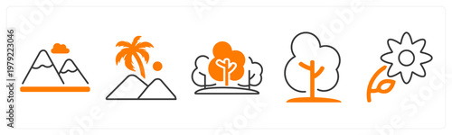 A set of 5 mix icons as mountain, forest, tree