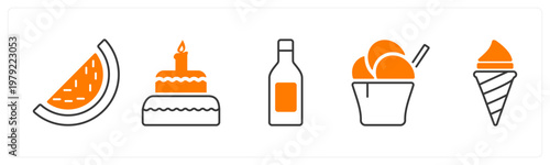 A set of 5 mix icons as watermelon, cake, champagne