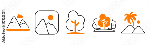 A set of 5 mix icons as mountain, tree, forest
