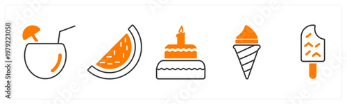 A set of 5 mix icons as coconut water, watermelon, cake
