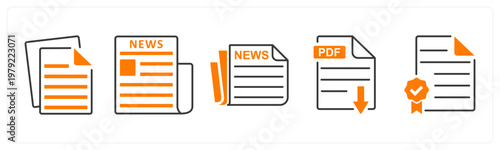 A set of 5 mix icons as document, newspaper, pdf download