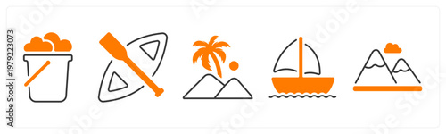 A set of 5 mix icons as sandbucket, boat, mountain