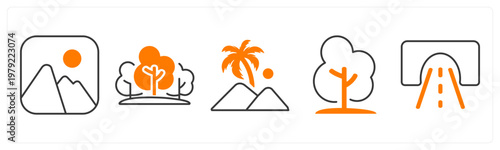 A set of 5 mix icons as mountain, forest, tree