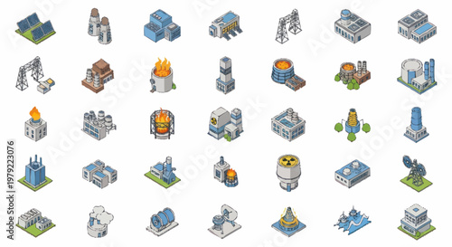 Collection of isometric industrial factory building icons.