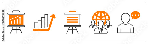 A set of 5 mix icons as presentation, business growth, international business