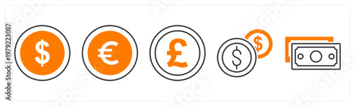 A set of 5 mix icons as money, euro, pound