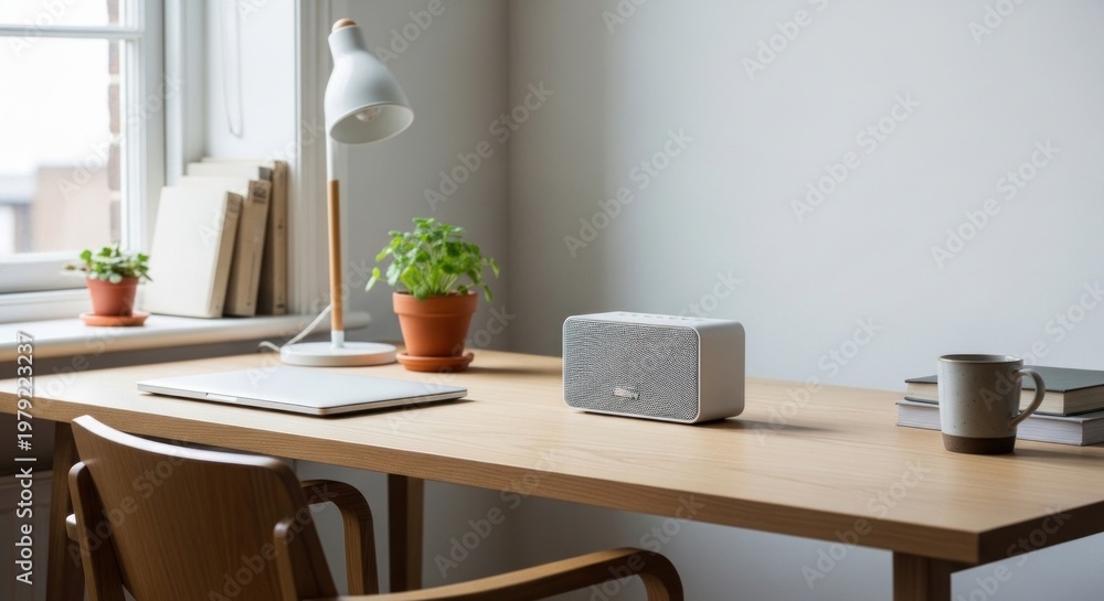 Fototapeta premium Modern Home Office Desk with Speaker, Laptop, Lamp, and Plants
