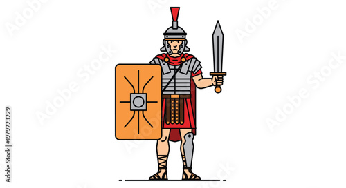 A Roman soldier stands holding a sharp sword in one hand and a rectangular orange shield in the other while wearing traditional segmented metal armor.