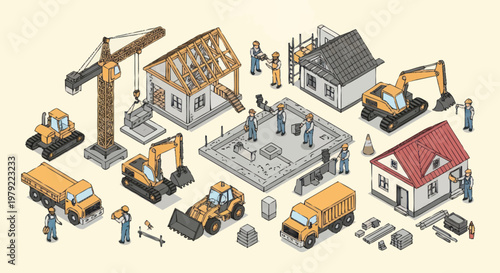 Construction site with heavy machinery vehicles.