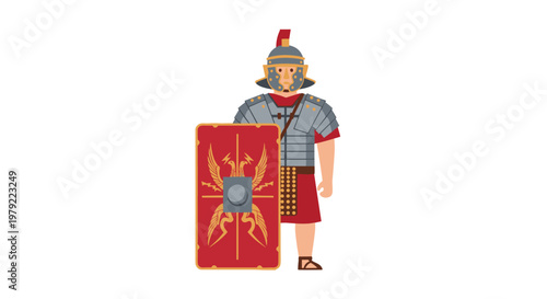 A Roman soldier stands in a classic pose wearing traditional segmented metal armor and a helmet while holding a large rectangular red shield in white.