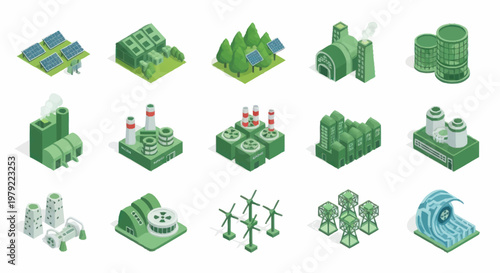 Set of isometric green energy and industrial icons.