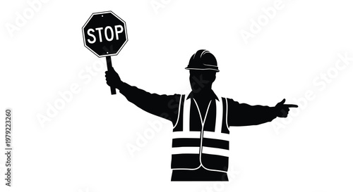 Construction worker directing traffic with a stop sign silhouette