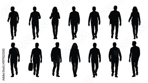 A collection of twelve black silhouettes depicts a diverse group of people walking forward in a uniform arrangement high quality professional
