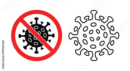 Prohibition sign with virus illustration and separate viral form silhouette