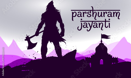 Parshuram Jayanti dramatic dark purple silhouette of Lord Parashurama standing tall with axe over ancient temple and mountain skyline, Hindu warrior god festival vector