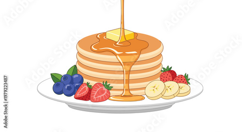 Tall stack of fluffy pancakes on a white plate features a melting square of butter and golden syrup drizzled over fresh blueberries and sliced strawberries.