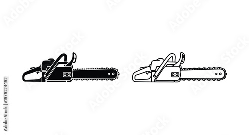 Two black and white chainsaw illustrations in a minimalist silhouette