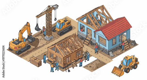 Construction site with heavy machinery and buildings under development.