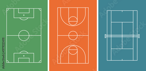 Sports field layout vector set including soccer field, basketball court and tennis court, tactical game strategy diagrams in top view isolated on transparent background.