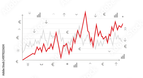 Dynamic financial line graph showing fluctuating red and grey data trends with currency symbols and directional arrows on a crisp white digital canvas.