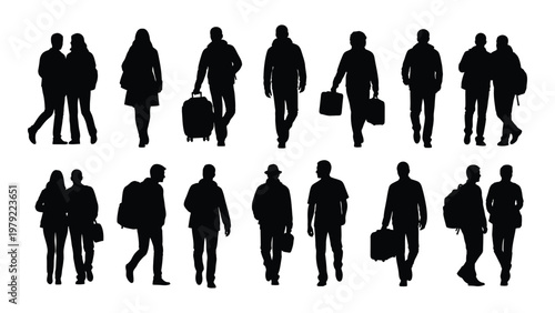 A collection of black silhouettes depicts various people walking carrying luggage and interacting in different poses high quality professional detailed modern