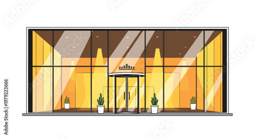 Contemporary glass storefront entrance with a central revolving door and warm glowing interior lights set against a clean minimalist white background.