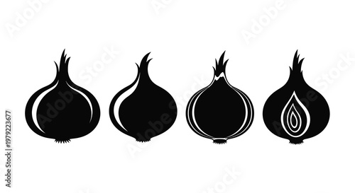 Four black onion shapes displayed in a minimalist silhouette