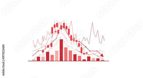 Detailed red candlestick chart featuring multiple trend lines and a prominent downward arrow signaling a bearish market movement on a white background.