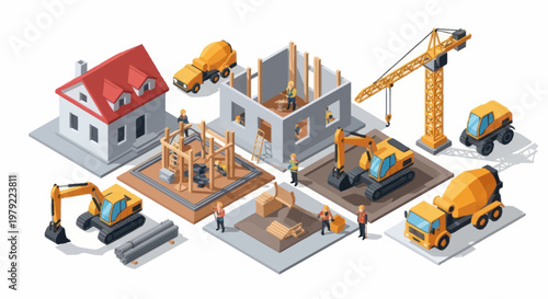 Construction site with houses and heavy machinery isometric view.