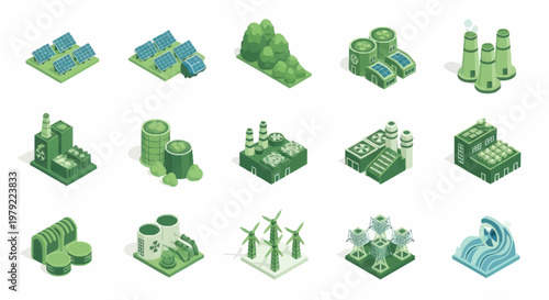 Green energy industry icons set isometric view.