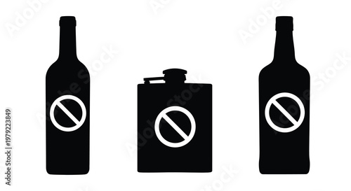 Prohibition era bottles and flask with restriction signs a silhouette