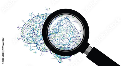 Detailed illustration of a human brain featuring complex neural pathways being examined through a large black magnifying glass on a plain white surface.