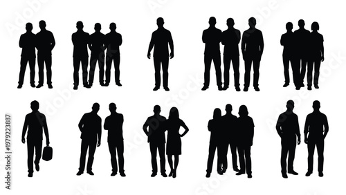 A collection of black silhouettes depicts various groups and individuals showcasing diverse poses and relationships high quality professional detailed modern elegant