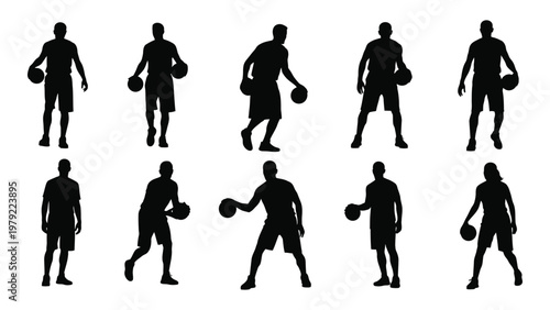 A collection of black silhouette figures depicting basketball players in various poses holding basketballs high quality professional detailed modern elegant stylish