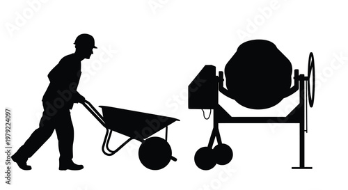 Construction worker pushing a wheelbarrow near a cement mixer silhouette